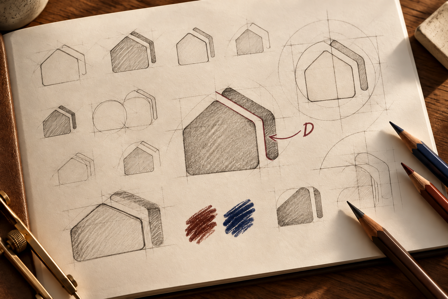 Estudo ilustrativo com traço bordô destacando o espaço negativo que sugere a inicial D no símbolo da casa